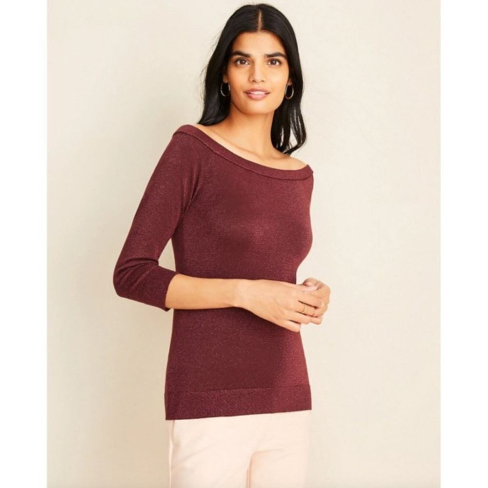 ANN TAYLOR Burgundy Shimmer Off Shoulder Sweater Top Blouse Size‎ Size S Red